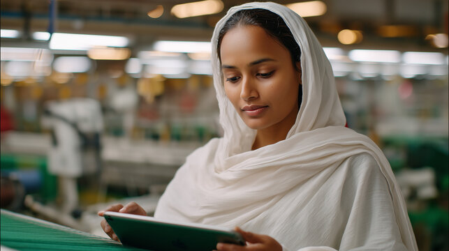 Factory floor with transparent glass walls reveals textile workers operating Fair Trade certified looms while quality inspector reviews traceability documentation on tablet, natural daylight illumin
