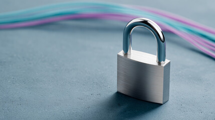 Fototapeta premium Metal padlock with colorful wires background