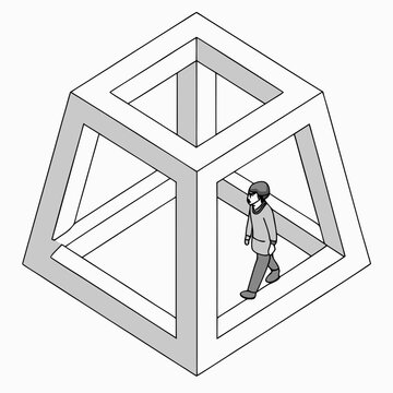 A man walks through a large pentagonal prism