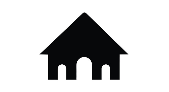 A minimalist black silhouette depicts a simple house shape with an arched entryway and gable roof high quality professional detailed modern