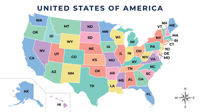 United States of America Full Color State Map with Abbreviations and Compass for Geographic Education and Infographic Use