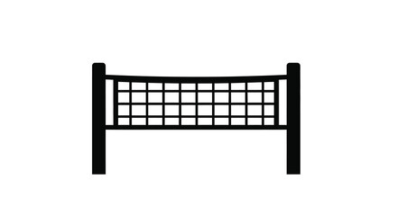 A simple black silhouette depicts a volleyball net with upright posts presented on a clean white background high quality professional detailed © VoDesign02