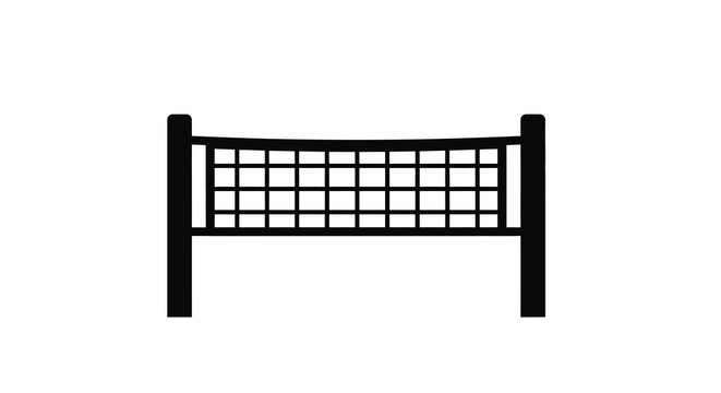 A simple black silhouette depicts a volleyball net with upright posts presented on a clean white background high quality professional detailed
