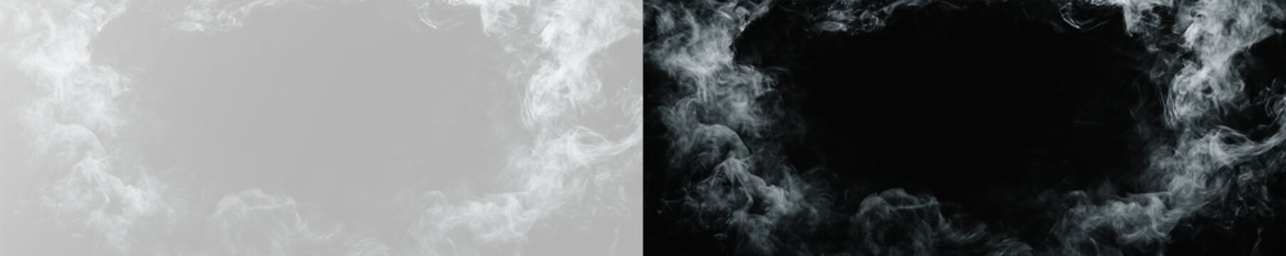 white smoke frame and foggy mist vignette on light grey studio background