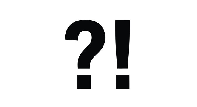 A stark white background features a bold black question mark immediately followed by a black exclamation point high quality professional detailed