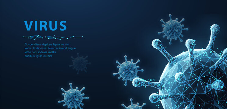 Glowing virus particles in digital structure. Infection concept, microbiology, disease outbreak, medical research, healthcare analysis, epidemic science, future technology idea. Vector illustration