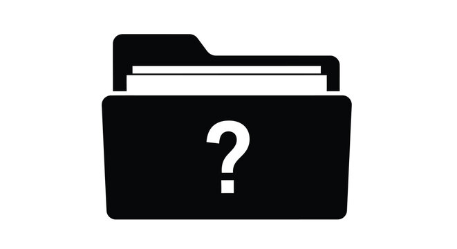 A simple black and white glyph depicting an open folder icon containing a central question mark high quality professional detailed modern