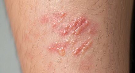 Fototapeta premium A close-up image of a skin condition on a hairy leg, showing red and inflamed lesions.