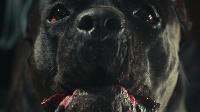 Aggressive barking dog shows dangerous teeth. Combat dog, Angry Animal hard attack head detail, Barking at a person on camera, security Fighting dogs