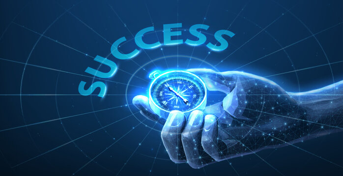 Hand holding glowing compass under success text. Business achievement, leadership, strategic direction, motivation, goal setting, growth mindset, future concept. Vector illustration