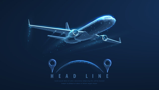 Glowing airplane with location markers in digital style. Air travel, aviation navigation, transport tracking, flight route, smart mobility, future technology concept. Vector illustration