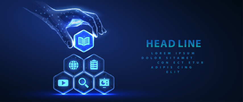 Hand placing education icons in glowing hexagons. Online learning, digital courses, smart study, video lessons, certification, knowledge platform, future concept. Vector illustration