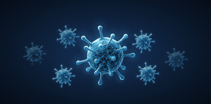 Glowing virus particles in digital space. Infection spread, microbiology, disease outbreak, healthcare research, medical analysis, epidemic science, future concept. Vector illustration