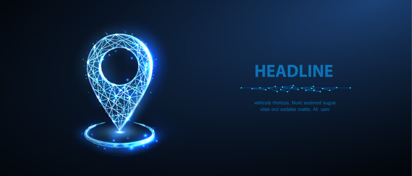 Glowing location pin in digital style. GPS navigation, map marker, geolocation, tracking point, mobile guidance, smart route, future technology concept. Vector illustration