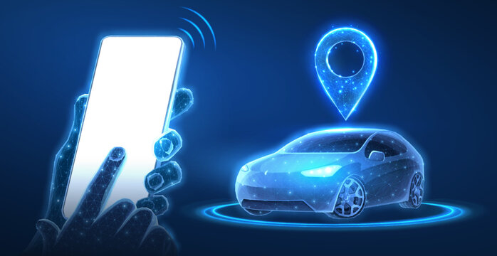 Hand holding smartphone near connected car with map pin. Smart mobility, mobile app control, vehicle tracking, navigation, digital transport, future technology concept. Vector illustration