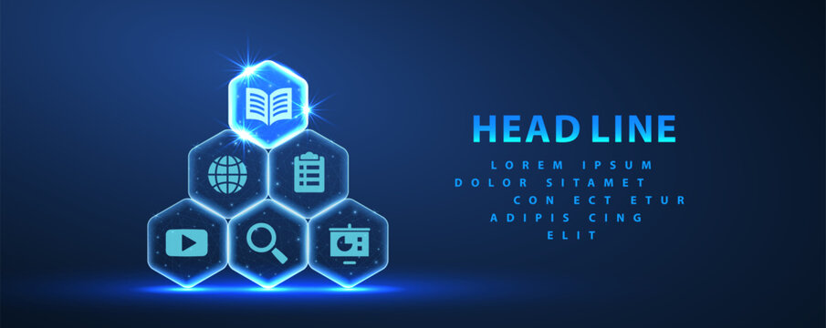 Education icons in glowing hexagons. Online learning, digital courses, video lessons, knowledge search, certification, smart study, future education concept. Vector illustration