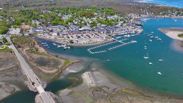 Scituate Harbor aerial view including Bulman Marine and Harbor Marina in town of Scituate, Massachusetts MA, USA. 