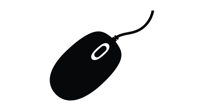 A simple black silhouette depicts a computer mouse with a cord showcasing its basic ergonomic shape and scroll wheel high quality