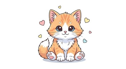 Obraz premium Cute orange and white cartoon kitten with hearts around isolated on white background