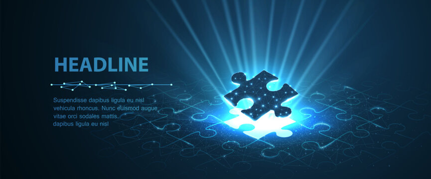 Glowing puzzle piece over digital circuit board. Problem solving, innovation, strategy, system integration, technology solution, data connection, future business concept. Vector illustration