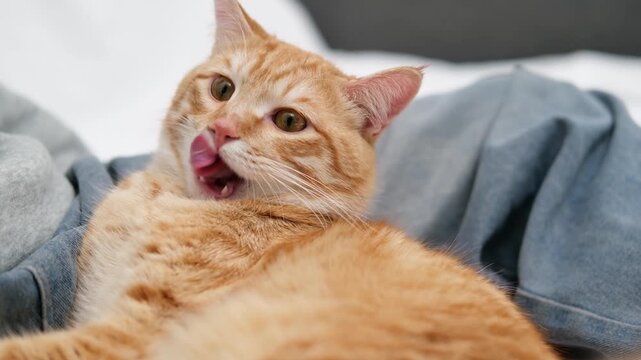 Ginger cat lying on the guy's legs