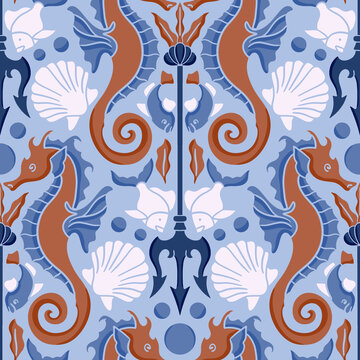 Nautical Seahorse Damask Seamless Pattern with Tridents and Shells in Art Nouveau Style Featuring Mythical Sea Creatures and Fish in Blue and Terracotta Colors for Textile and Wallpaper