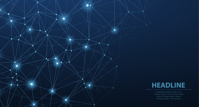 Glowing digital network nodes connected by lines on blue background. Data network, technology infrastructure, connectivity, communication system, abstract concept. Vector illustration