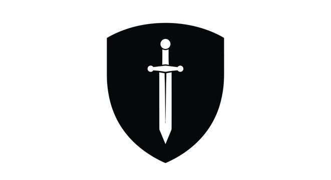 A stark black shield displays a white vertically oriented sword symbolizing protection and strength in a simple design high quality professional