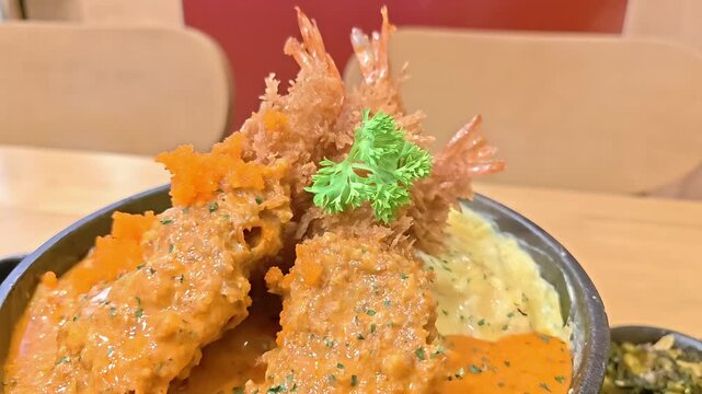 Deep fried shrimp prawn in steaming miso mentaiko sauce on hot plate, Japanese Food Cuisine, Delicious Lunch Meal, Breaded Batter Seafood