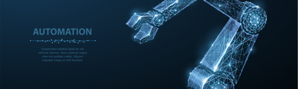 Robotic arm in blue digital light. Industrial automation, smart manufacturing, engineering system, machine control, futuristic factory process, technology concept. Vector illustration