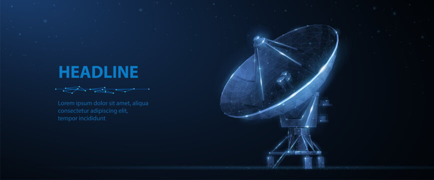 Satellite dish antenna on blue background. Wireless communication, signal transmission, telecom network, radar system, broadcast connection, digital technology concept. Vector illustration