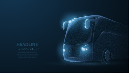 Glowing autonomous bus on blue background. Smart transport, electric vehicle, futuristic mobility, public transit, digital network, innovation, future travel concept. Vector illustration © NeonGridStudio