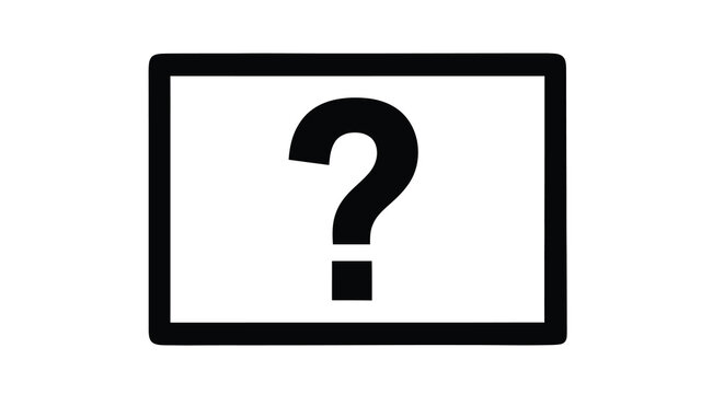 A black rectangle frames a large bold question mark centrally positioned on a pure white background high quality professional detailed modern