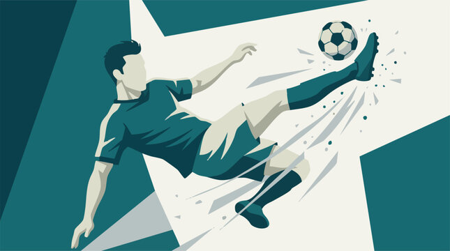 Dynamic graphic illustration of a soccer player striking the ball mid-air