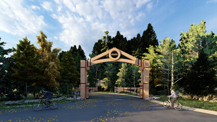 Modern wooden entrance gate architecture 3D render for a nature park or residential community featuring cyclists and dense forest landscaping © Ahmad