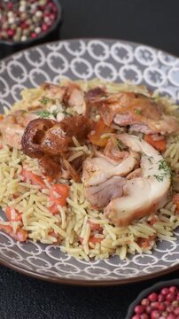 Kabsa or mandi, an Arabic dish with rice and chicken, salt, and spices. Kabsa or mandi as a food background for your design