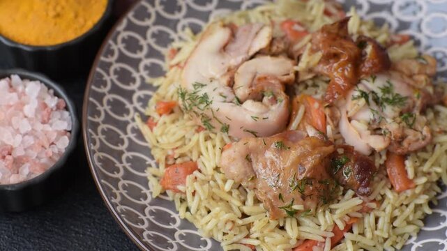 Kabsa or mandi, an Arabic dish with rice and chicken, salt, and spices. Kabsa or mandi as a food background for your design
