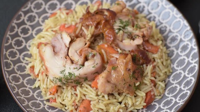 Kabsa or mandi, an Arabic dish with rice and chicken, salt, and spices. Kabsa or mandi as a food background for your design
