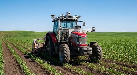 Fototapeta premium Artificial intelligence integrating with agricultural machinery for predictive maintenance, optimizing planting and harvesting seasons in modern smart farming operations. 