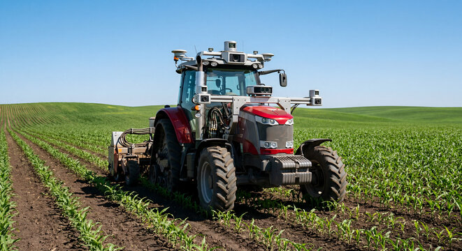 Artificial intelligence integrating with agricultural machinery for predictive maintenance, optimizing planting and harvesting seasons in modern smart farming operations.
