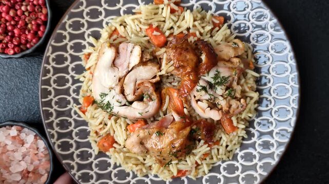 Kabsa or mandi, an Arabic dish with rice and chicken, salt, and spices. Kabsa or mandi as a food background for your design