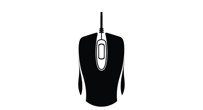 A sleek black computer mouse is displayed in a top down view against a stark white background high quality professional detailed