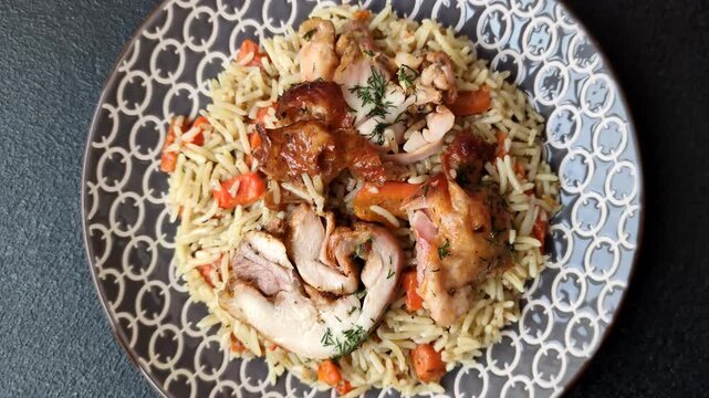 Kabsa or mandi, an Arabic dish with rice and chicken, salt, and spices. Kabsa or mandi as a food background for your design