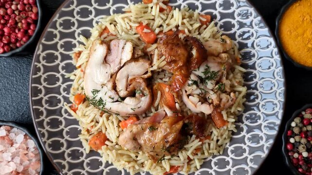 Kabsa or mandi, an Arabic dish with rice and chicken, salt, and spices. Kabsa or mandi as a food background for your design