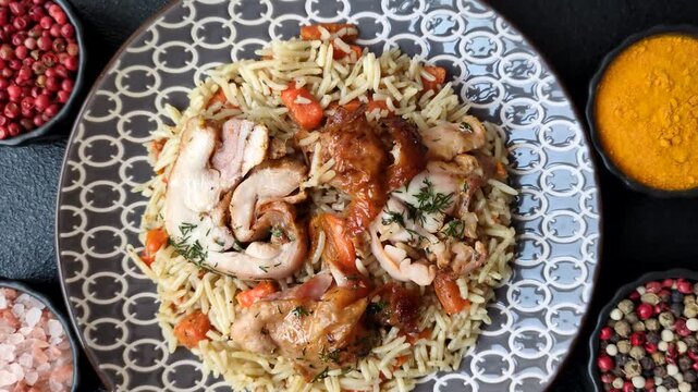 Kabsa or mandi, an Arabic dish with rice and chicken, salt, and spices. Kabsa or mandi as a food background for your design