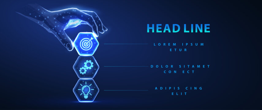 Digital hand stacking business process icons on blue background. Workflow management, automation system, strategy planning, data organisation, future technology concept. Vector illustration