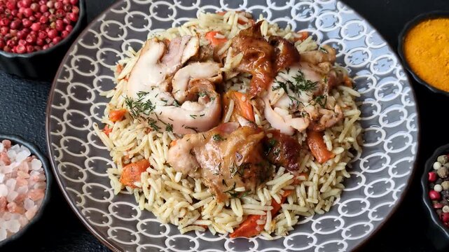 Kabsa or mandi, an Arabic dish with rice and chicken, salt, and spices. Kabsa or mandi as a food background for your design