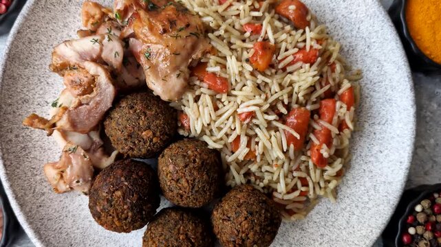 Kabsa or mandi, an Arabic dish with rice and chicken, salt, and spices. Kabsa or mandi as a food background for your design