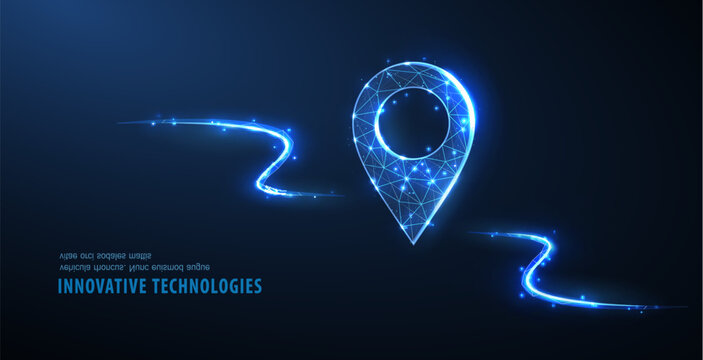 Glowing location pin with electric route line on blue background. GPS navigation, map tracking, travel guidance, digital direction, smart location technology concept. Vector illustration