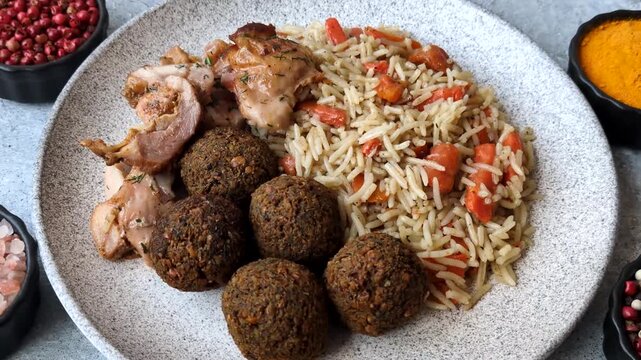 Kabsa or mandi, an Arabic dish with rice and chicken, salt, and spices. Kabsa or mandi as a food background for your design